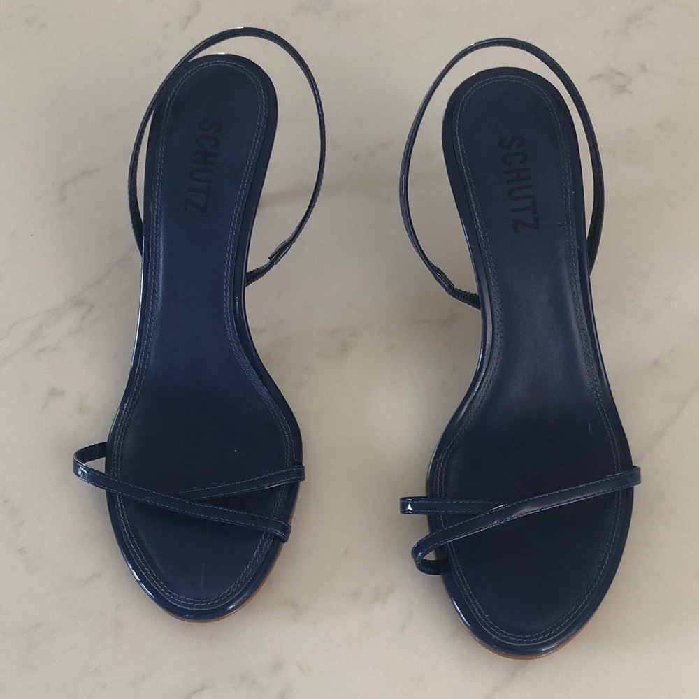 SCHUTZ Navy Patent Strappy Slingback Heels/NEW